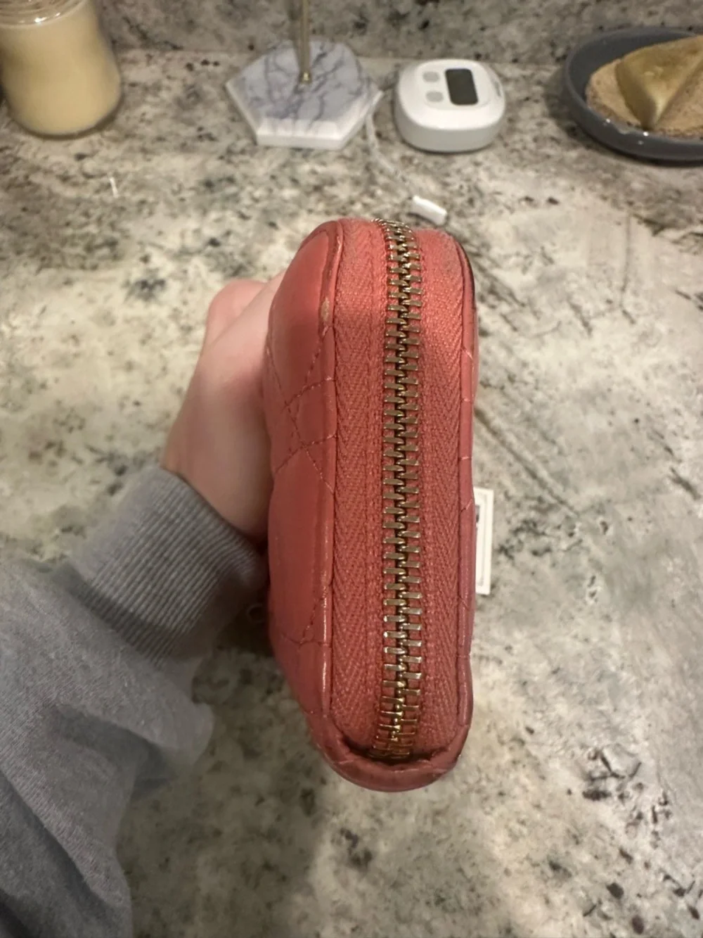 Dior Coral Quilted Pink Zip Wallet with Gold CD Emblem